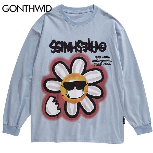 

hip hop streetwear tees shirts sunflower flower print long sleeve tshirts mens fashion casual loose oversized kg-182, White;black