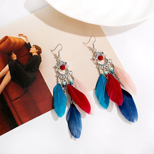 

boho corful long feather dangle earrings beach drop earrings wedding bride jewelry oorbellen hangers1, Silver