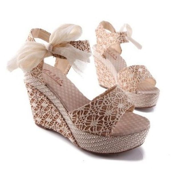 

sandals summer women bowknot open toe pump high heel shoes wedge platform, Black
