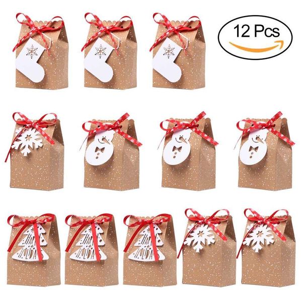 

ourwarm 12pcs new year gifts bags kraft paper christmas candy bags sweet christmas paper bag with white tags snowflake ribbons wmtsgd