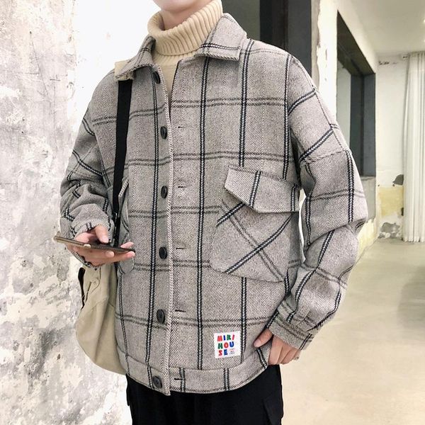 

yasuguoj fashion plaid men wool jacket man coats winter 2020 casual loose checkered overcoat single breasted monclaire jacket, Black