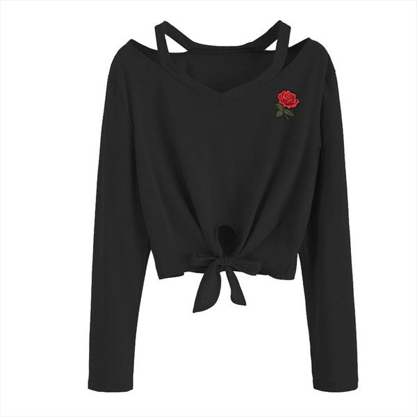 

woman sweatshirt rose print causal cropped sweatshirt long sleeve hoodies pullovers hollow harajuku hoodie c2335 drop shipping, Black