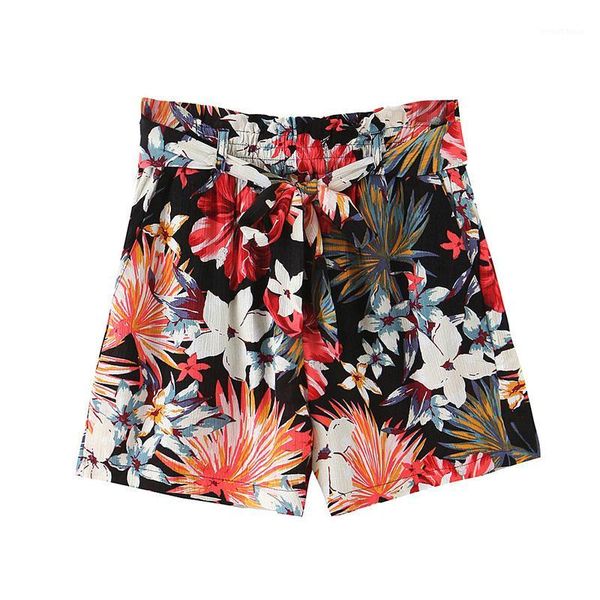

bohemian floral print shorts with belt women high waist vintage casual shorts female 2020 fashion holiday summer bottoms1, White;black
