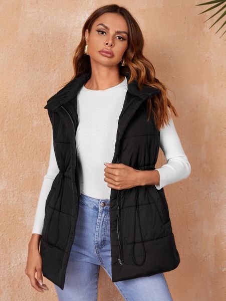 

slant pocket quilted drawstring waist zip front padded gilet jacket t7ae#, Black