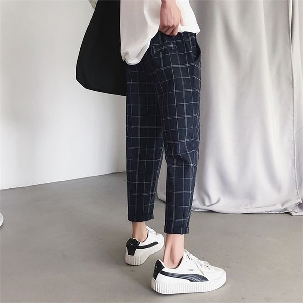 

summer ankle-length pants men plaid casual streetwear korean style pencil trousers 201113, Black