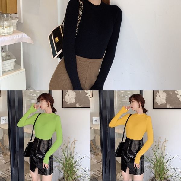 

kc6im autumn winter 2020 sweater bottoming shirt high collar t-shirt solid sweater color knitted women's long sleeve t-shirt mnjyt, White