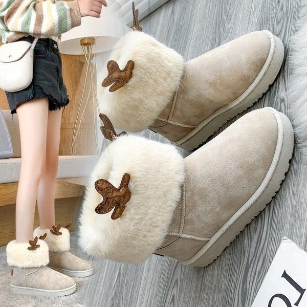 

2020 winter trend snow boots women's cute antlers casual leisure all-match medium tube flat-heeled wool warm cotton shoes, Black
