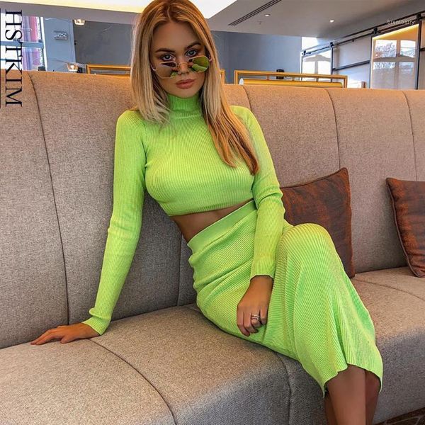 

fashion 2020 autumn winter knitted two 2 piece set women crop and maxi skirt suits club outfits dress bandage matching sets1, White