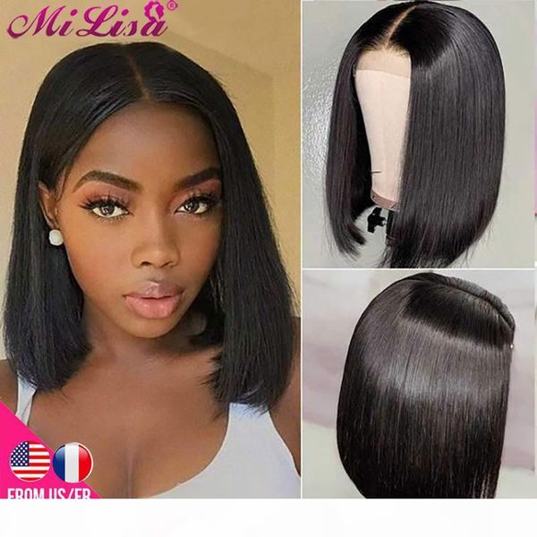 

13x4 short bob straight lace front wig for black women brazilian remy hair middle part 2x6 bob straight closure wigs transparent, Black;brown