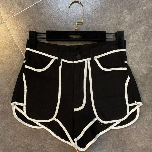 

deat 2020 new summer fashion casual high waist black button patchwork straight slim denim shorts women sd4691, Blue