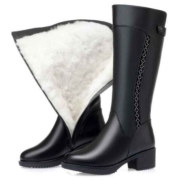 

new cowhide rhinestone winter riding boots warm plush / wool women snow boots thick heel high cotton shoes women's, Black