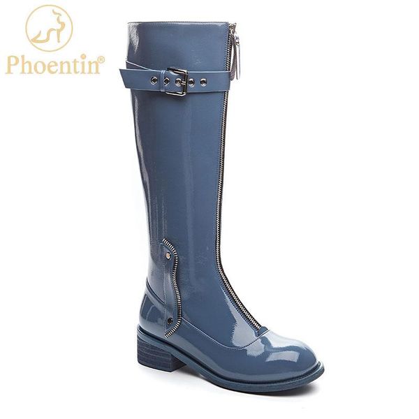 

phoentin knee high riding boots with zipper 2020 genuine leather equestrian long boots women mid heels round toe shoes ft1203, Black