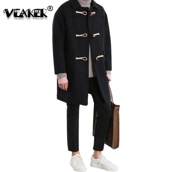 

men's wool & blends mens winter horn button woollen autumn overcoat male long hooded trench thick windbreaker dust coat casaco xadrez, Black