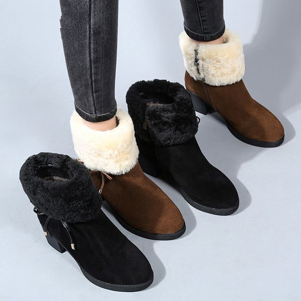 

aardimi women winter snow wool boots for genuine leather non-slip ladies boots shoes woman waterproof fur heels shoes handmade, Black