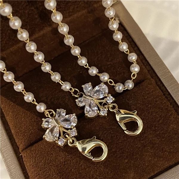 

luxury crystal butterfly charm necklace sunglasses chain holder pearl beads glasses chain accessary
