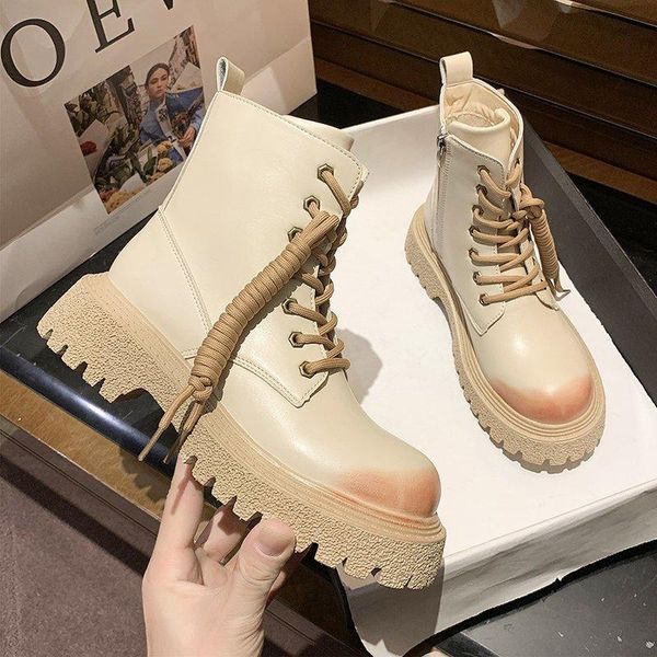 

women combat boots antumn 2021 female high platform gothic shoes beige leather boots lace up women knee high, Black