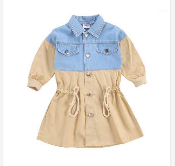 

2020 new kids baby girls long sleeve patchwork coat fashion long sleeve buttons dress trench outfits1, Blue;gray