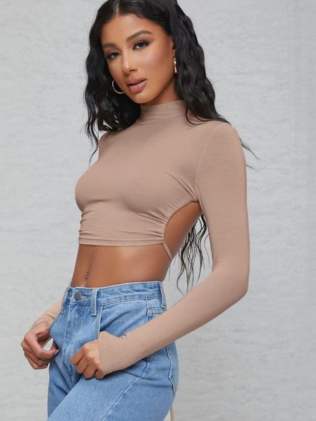 

mock-neck tied backless crop 79oi#, White