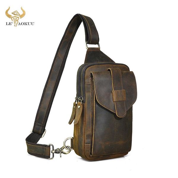 

waist bags crazy horse leather men vintage travel triangle sling chest bag design 7" tablet one shoulder strap daypack male xb571