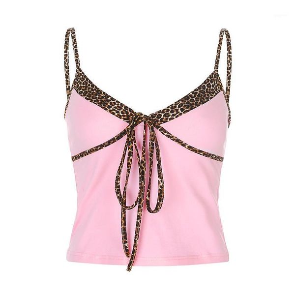 

2020 women\u2020s summer slim camisole fashion leopard stitching v-neck lace up exposed navel, White