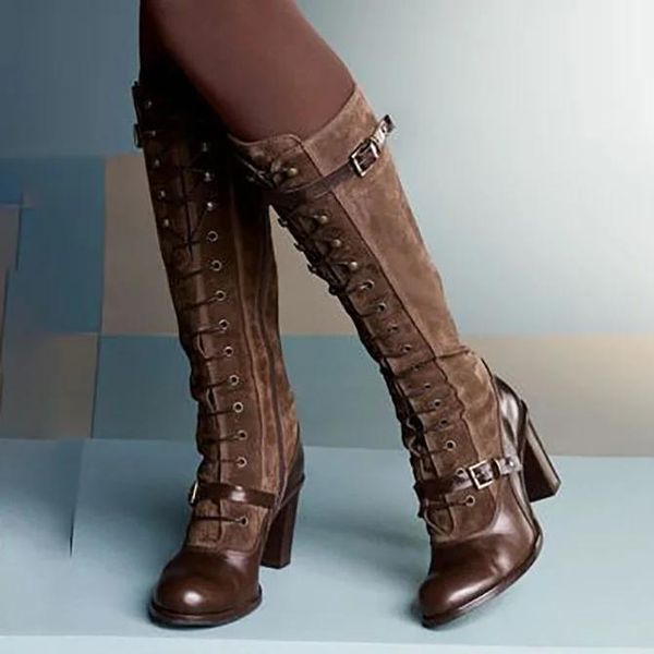 

women boots pu leather buckle retro casual womans booties gladiator high heel shoes ladies fashion botas mujer invierno tw206, Black