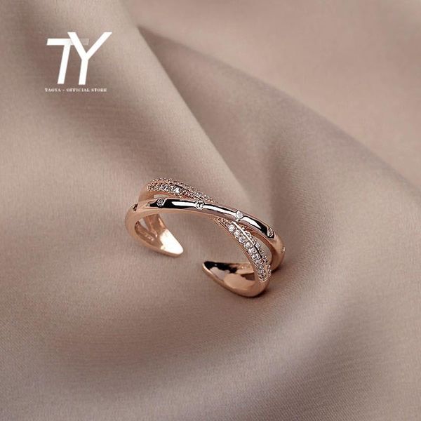 

cluster rings simple light luxury cross zircon open ring fashion design korean female jewelry rose gold adjustable wedding, Golden;silver