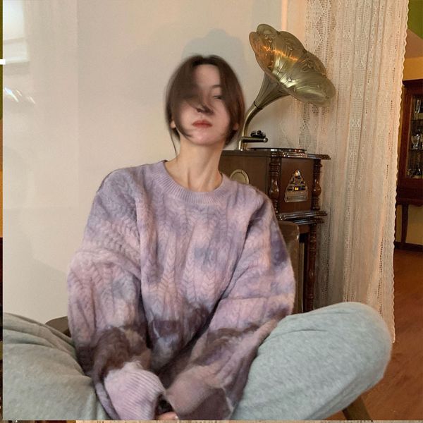 

new retro 2021 dye tie female nightgown autumn and winter korean-style lazy purple torsion knitted sweater lk7c qen8, White;black