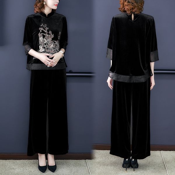 

новая осень ladiessuit для средних pantsembroidered широких ног штанов dle возраста и пожилых женщины wearvelvet вышивка середины рукава сто, Black;gray