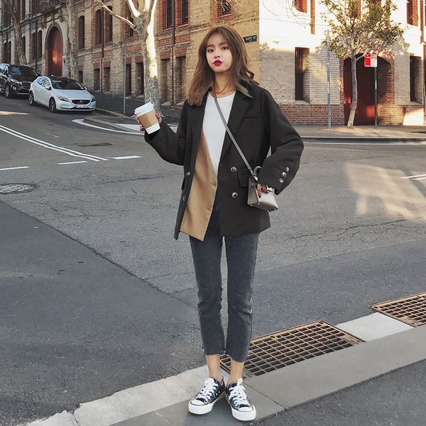 

2021 new female blazer spring new fall with double long sleeves breasted seam casual korean fashion loose office short jacket 19x pf4f, White;black