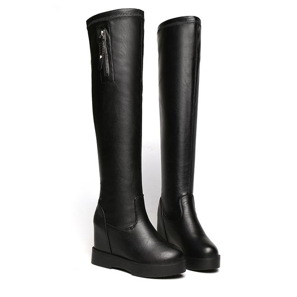 

boots women knee high autumn 2021 female platform shoes black stretch leather winter warm plush