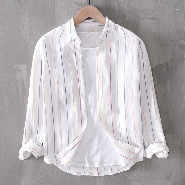 

2020 men's long sleeve rainbow stripe shirts 100% pure linen summer casual shirts men white orange turn down collar shirt male1, White;black