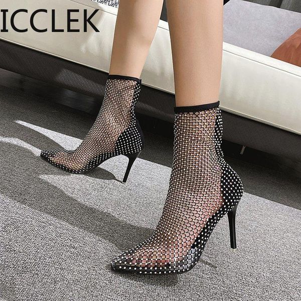 

fashion crystal transparent pvc mesh upper ankle boots for women pointed toe high heels shoes woman zapatos de mujer a096, Black