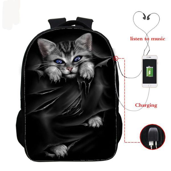 

16 inch cat children school bags orthopedic backpack kids school boys girls mochila 3d cat prints bags usb charging bbyoei alice_bag