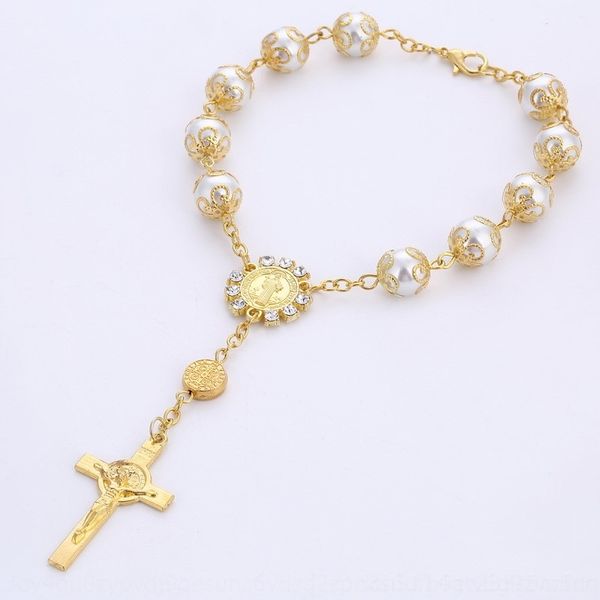 

qdljz 10mm glass pearl with beaded bracelet braceletflower holder cross catholic rose gold rosary beaded bracelet jesus nbwfe, Golden;silver
