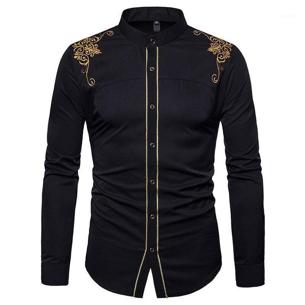 

mens mandarin collar dress shirts 2020 brand new floral embroidery shirt men slim fit long sleeve business casual shirt male xxl1, White;black