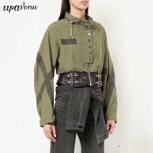 

2020 new zipper short coat female high collar patchwork long sleeve button coat female fashion casual street tooling clothes, Black;brown