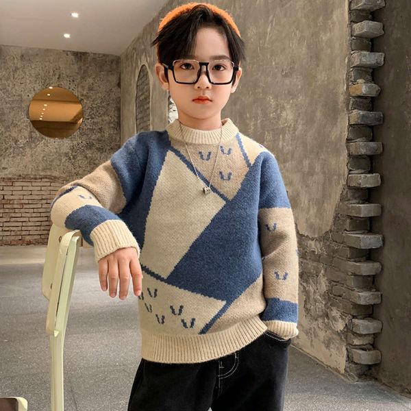 

korean boys' pullover children's 2020 new color matching cartoon sweater, Blue