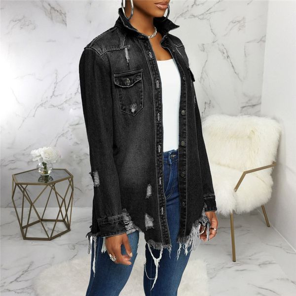 

women's retro denim jacket long-sleeved lapel distressed worn-out long coat autumn fashion ladies street wear boyfriend style, Black;brown