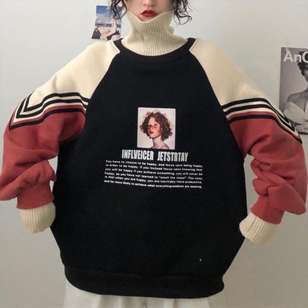 

oversize turtleneck printed womens hoodies plus velvet thicken sweatshirt lady autumn harajuku patchwork warm pullovers female, Black