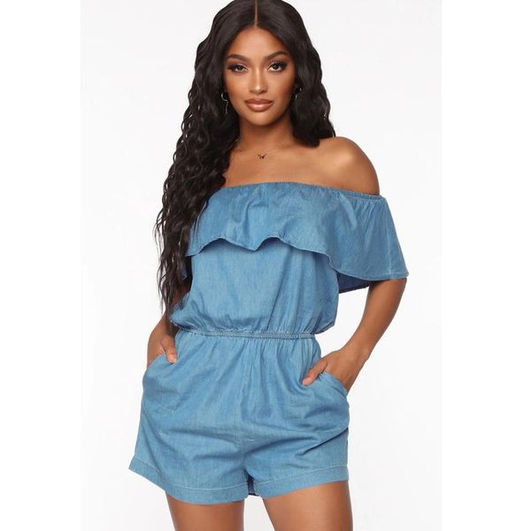 

women off shoulder playsuits summer ruffle clubwear solid office lady rompers one piece elastic waist bodycon party jumpsuit, Black;white