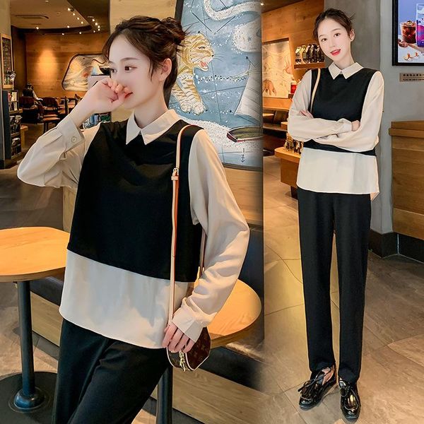 

p shoot fashion pregnant women autumn clothing set 2020 korean-style fashion long-sleeve blouse freaky + mock two-piece, White
