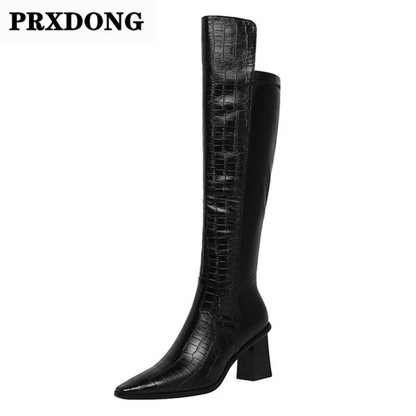 

boots fashion 2021 autumn winter warm high heels shoes woman knee dress casual long size 34-40, Black
