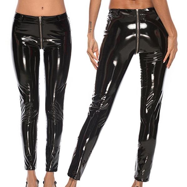 

wet look pants mid waist leggings skinny slim faux leather pants zipper solid color clubwear drop shipping, Black