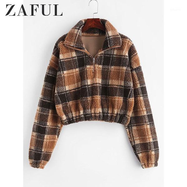

zaful autumn winter fleece faux fur plaid hoodies women zipper loose casual sweatshirts female thicken warm soft plush pullover1, Black;brown