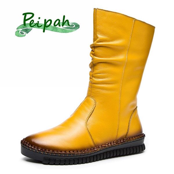 

peipah 2020 genuine leather mid-calf women shoes winter high boots rubber women platform boots female cotton fabric zip shoes, Black