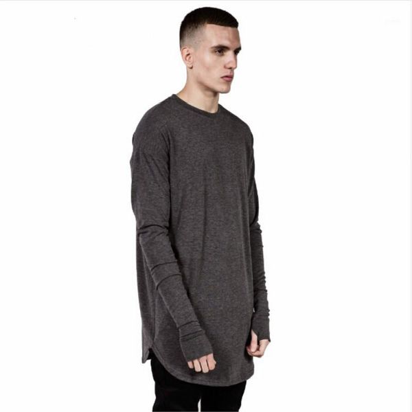 

mens hip hop t shirt full long sleeve t-shirt with thumb hole cuffs tees shirts curve hem men street wear 1, White;black