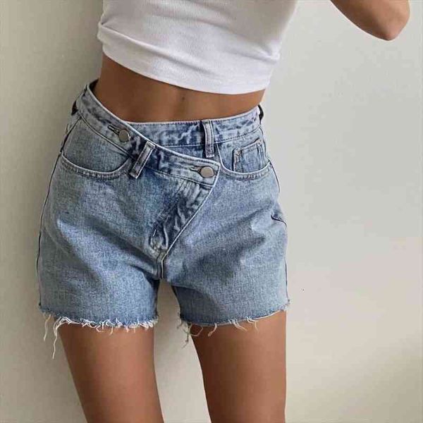 

women denim shorts casual oblique waist fringe package hip straight jeans female sheath solid washed pants girls summer, Blue