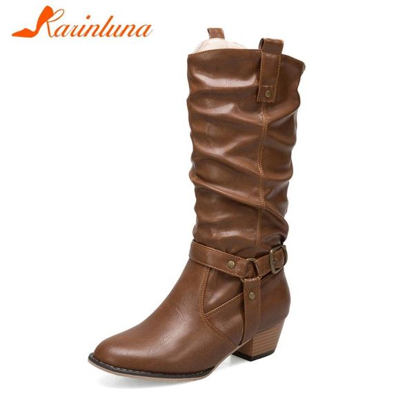 

karin новая мода wide med пятках 4см черный пояс пряжки обувь женщина повседневная зима середина теленок сапоги большого размера 35-50, Black