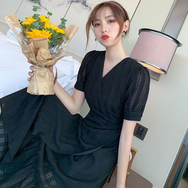 

8s9an французской мини-черная 2020 лето новой мода длина v-образного вырез тонких среднего dresslong юбка платье платье для женщин w8xtg, Black;gray