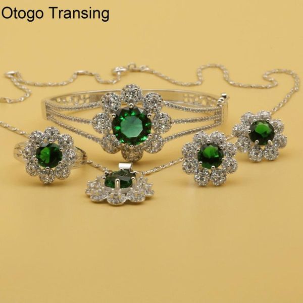 

Otogo Transing 2021 Party Silver Color Jewelry Set Charm Women Fashion Green Crystal Ring Earrings Necklace Bracelet Mark-SET208